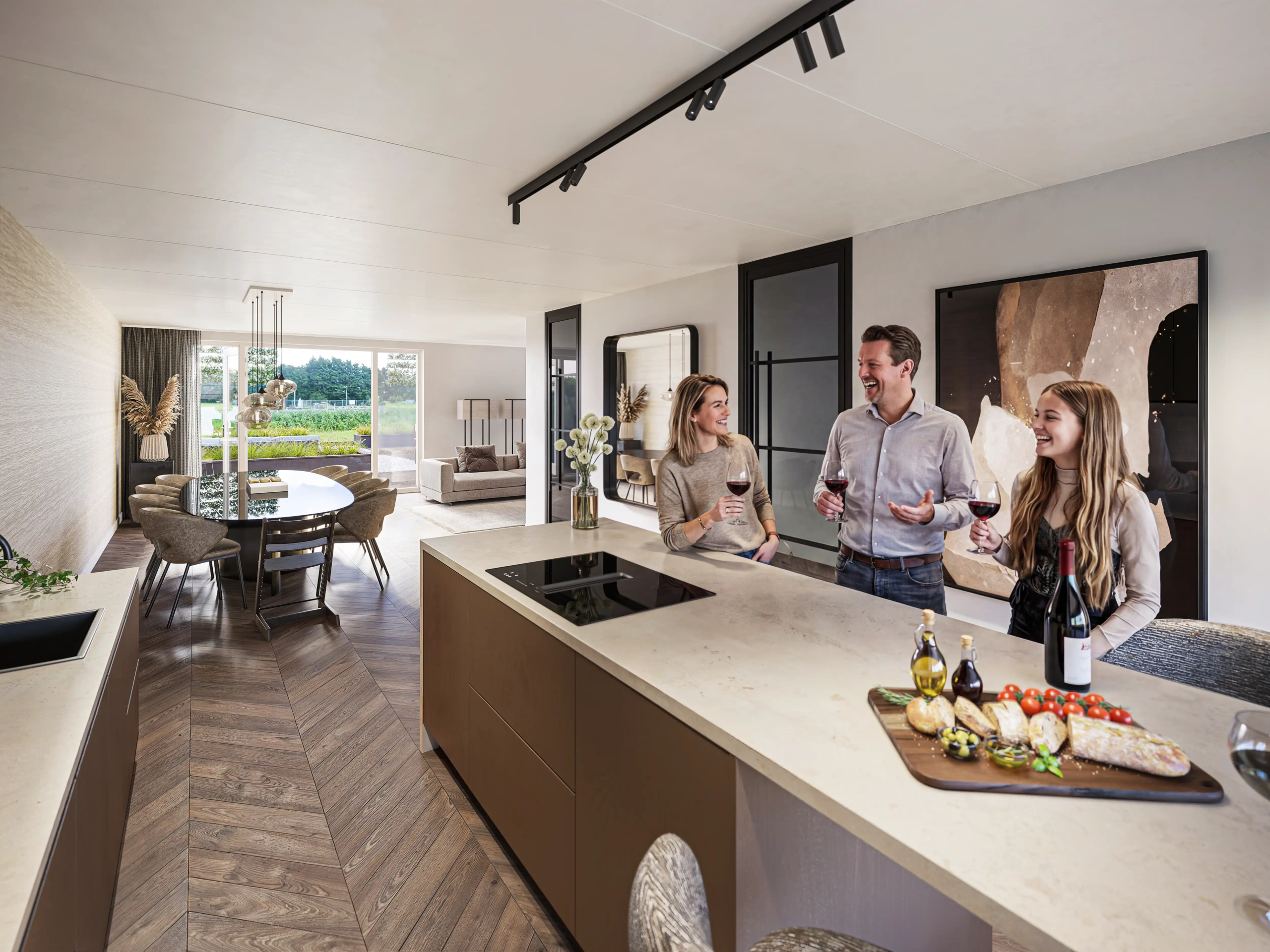 Luxe keukeninterieur met kookeiland waar volwassenen samen wijn drinken, realistische 3D visualisatie die woonbeleving en keukenontwerp toont.
