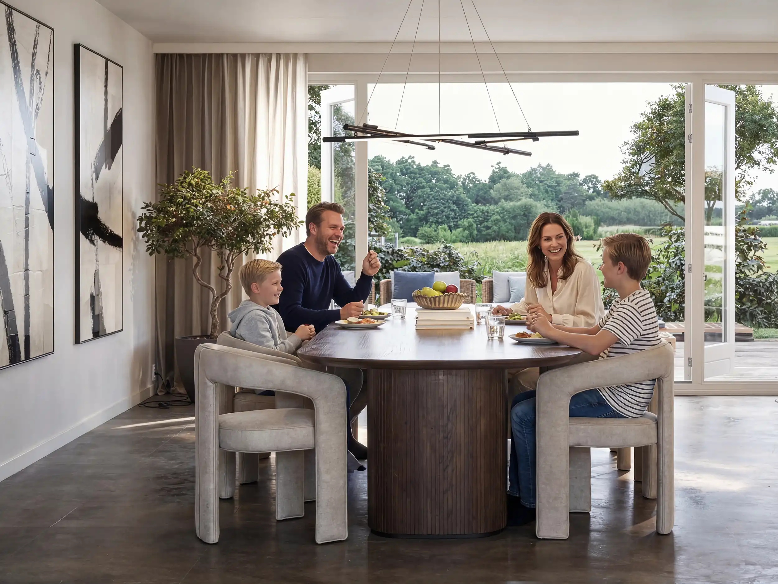 Gezin aan een ronde eettafel in een lichte woning met grote ramen en uitzicht op groen, fotorealistische 3D visualisatie voor nieuwbouw en woningpresentatie