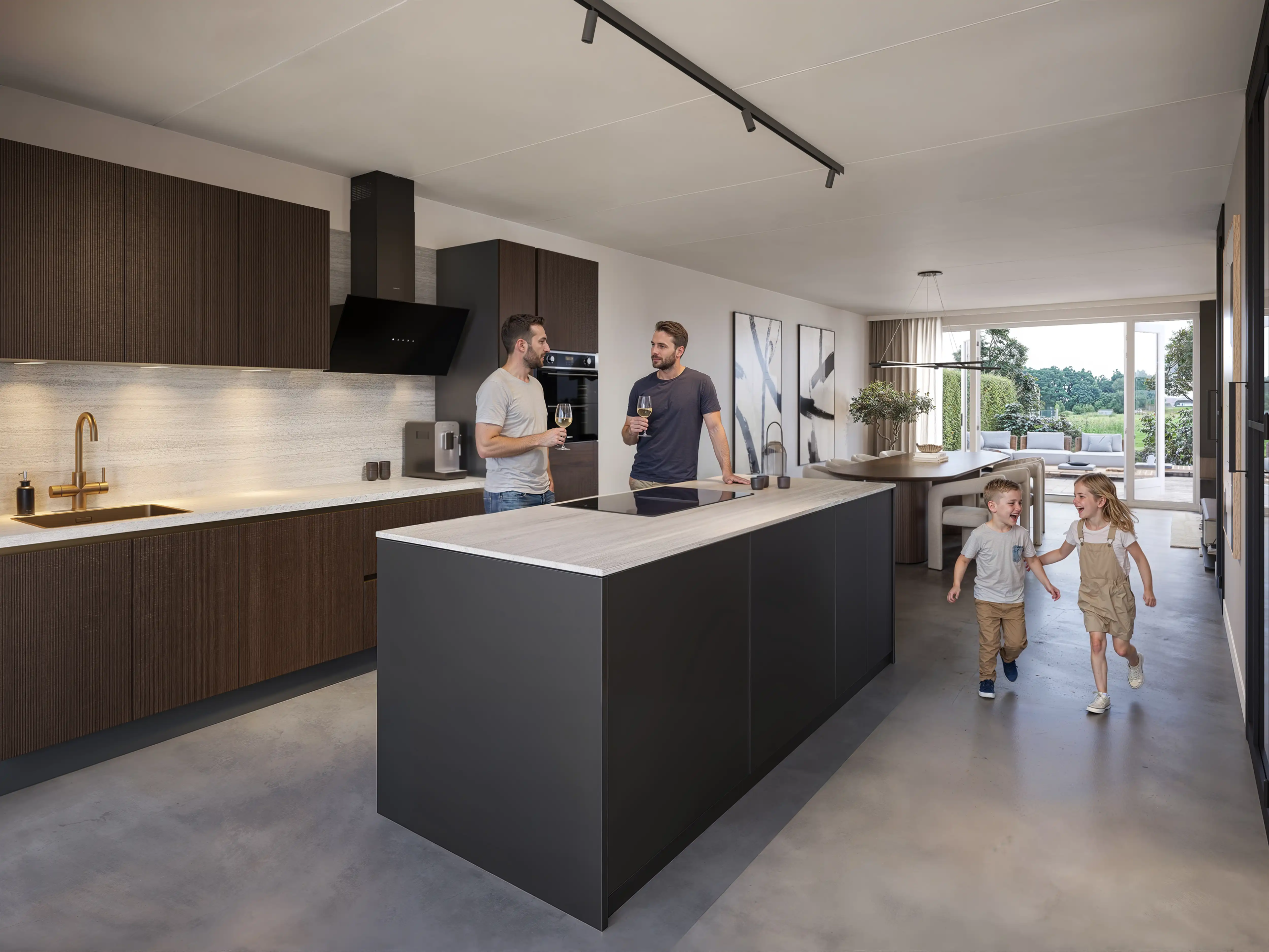 Moderne open keuken met kookeiland waar twee volwassenen praten terwijl kinderen spelend door de ruimte lopen, sfeervolle 3D visualisatie voor vastgoed en keukenverkoop
